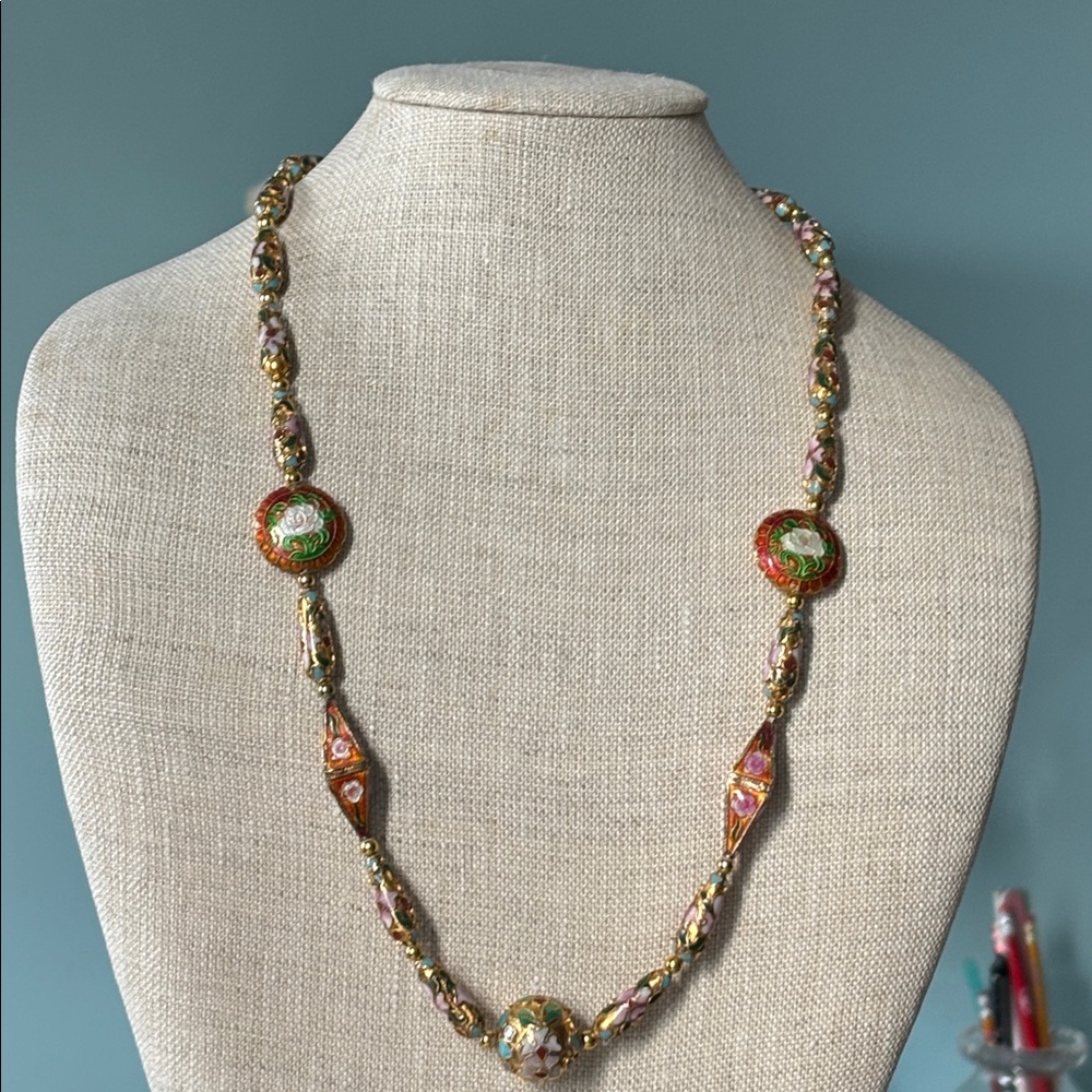 🟥VTG Handcrafted Cloisonné Floral Bead Statement Necklace Gilt Gold